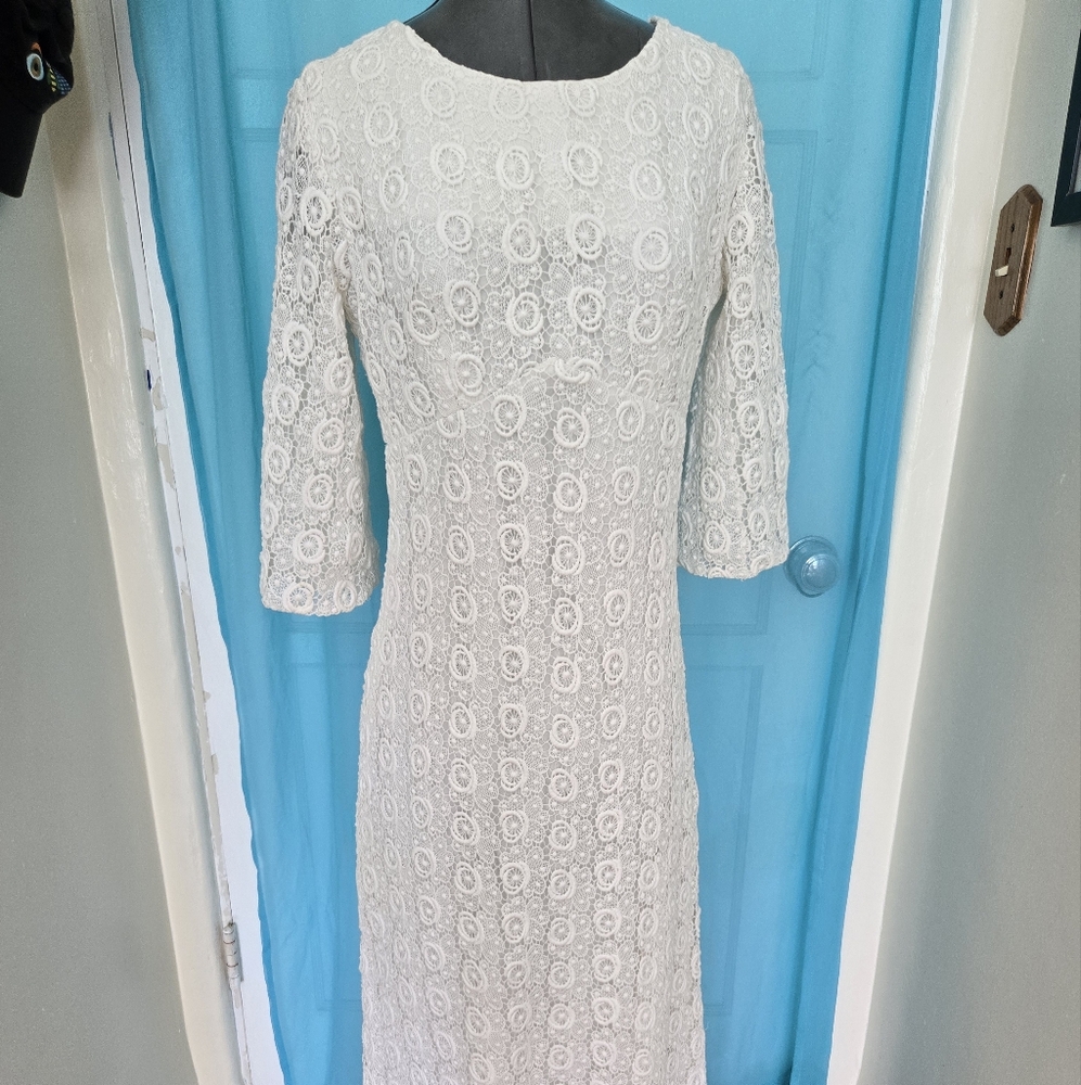 Vintage Seventies Empire Waist Hand Made Elegant Guipure White Lace Maxi Dress